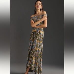 Misa Los Angeles Off-Shoulder Floral Maxi Dress in Olive, Mustard & Blue